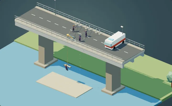 Descenso de una camilla desde un puente hacia la ribera del río